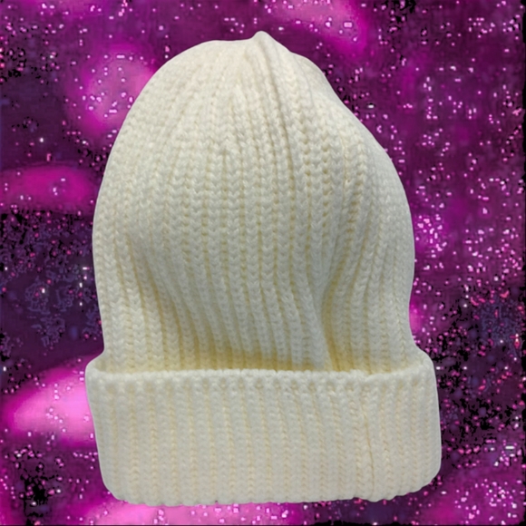 Ladies Smiley Face Ribbed Knit Beanie | Cream 1 Size Fits Most | Old E. Main Co. - Picture 5 of 15